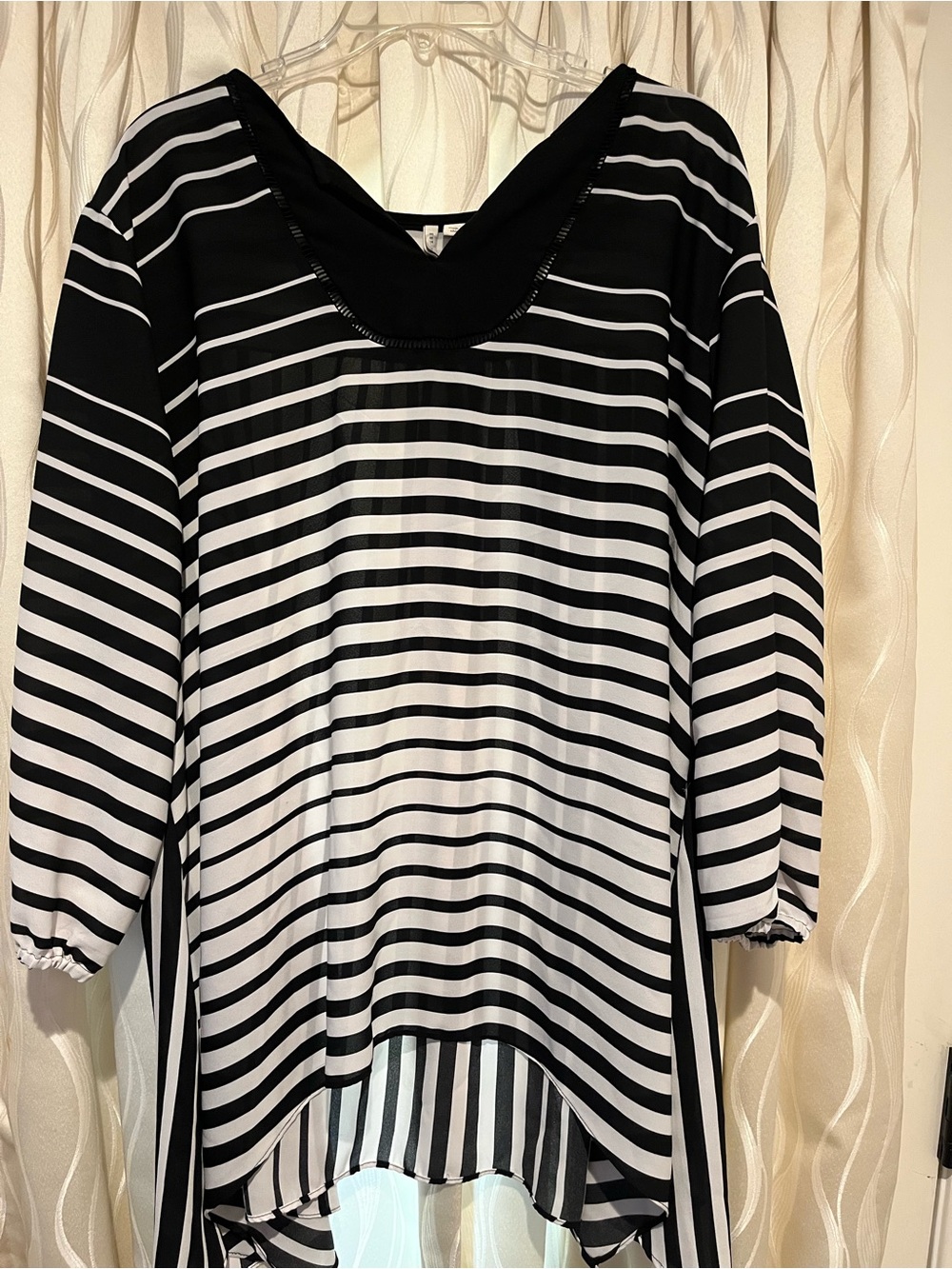 Black and White Striped V-Neck Women's Top